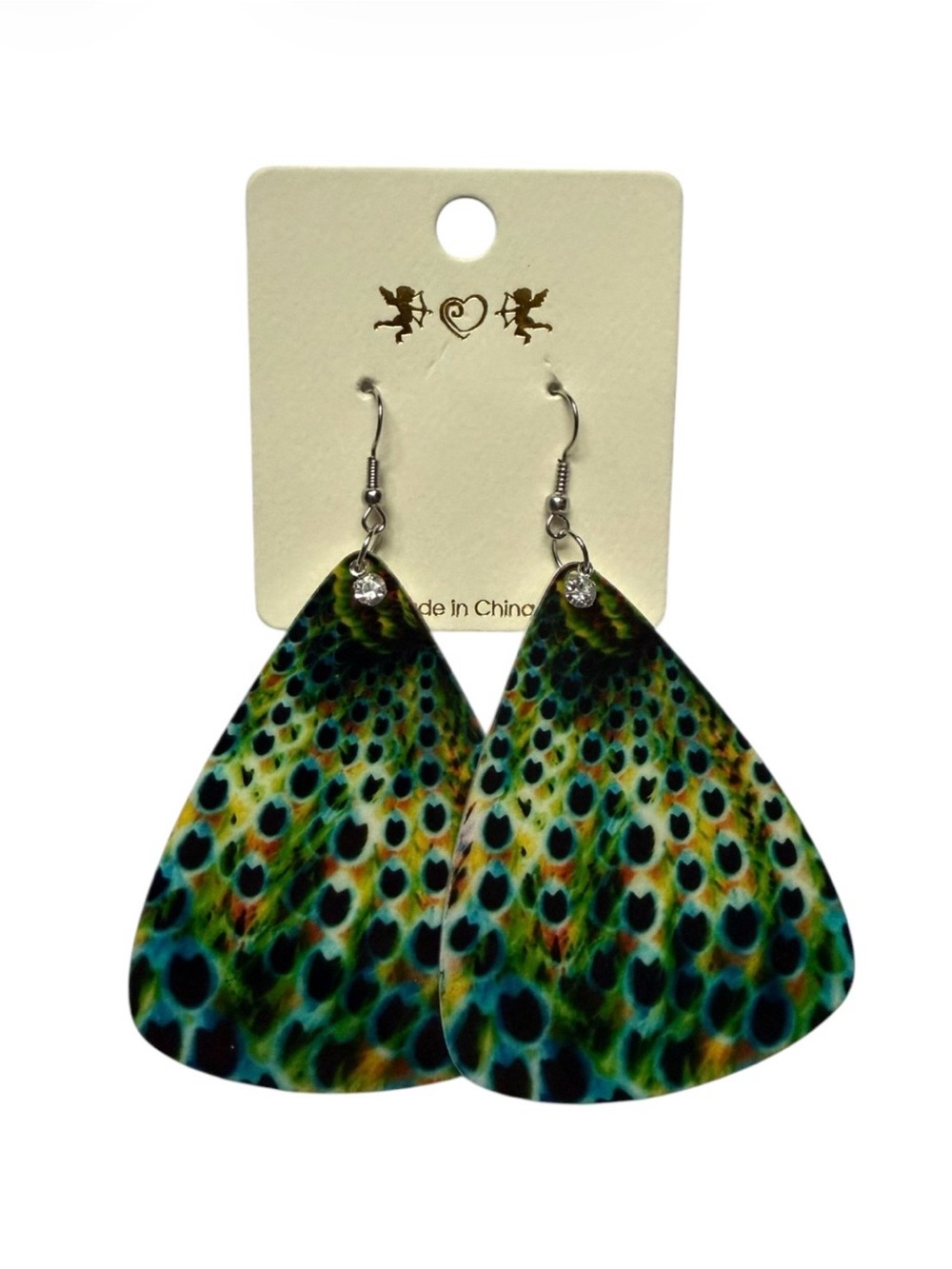 Abstract Peacock Design Rounded Triangle Shape Earrings